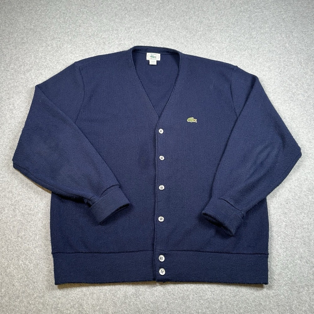 Vintage IZOD Lacoste Cardigan Sweater USA Large Navy Preppy Orlon Acrylic
